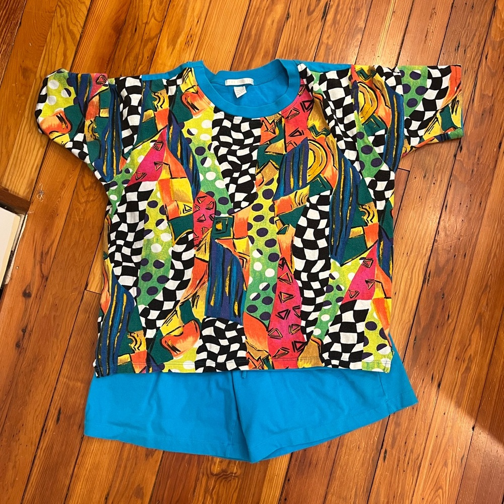 Vintage 1990’s The Limited Colorful Abstract Print Top and Solid Blue Shorts Set
